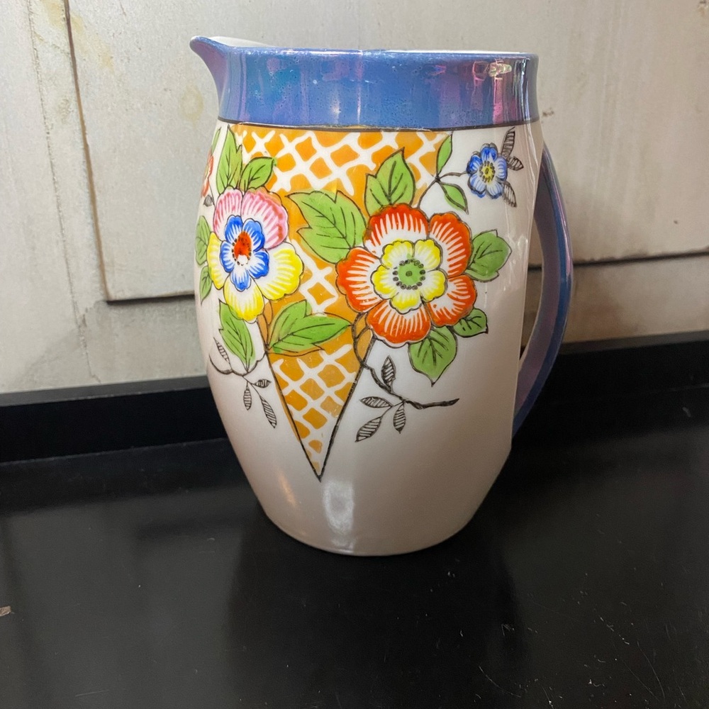 Hand-Painted Japanese Floral Ceramic Pitcher with Iridescent Rim - Multi-Color